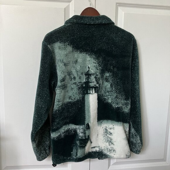 Vintage Ocean East Lighthouse Fleece Cardigan Womens S Green 90s Granny AOP - Picture 5 of 8
